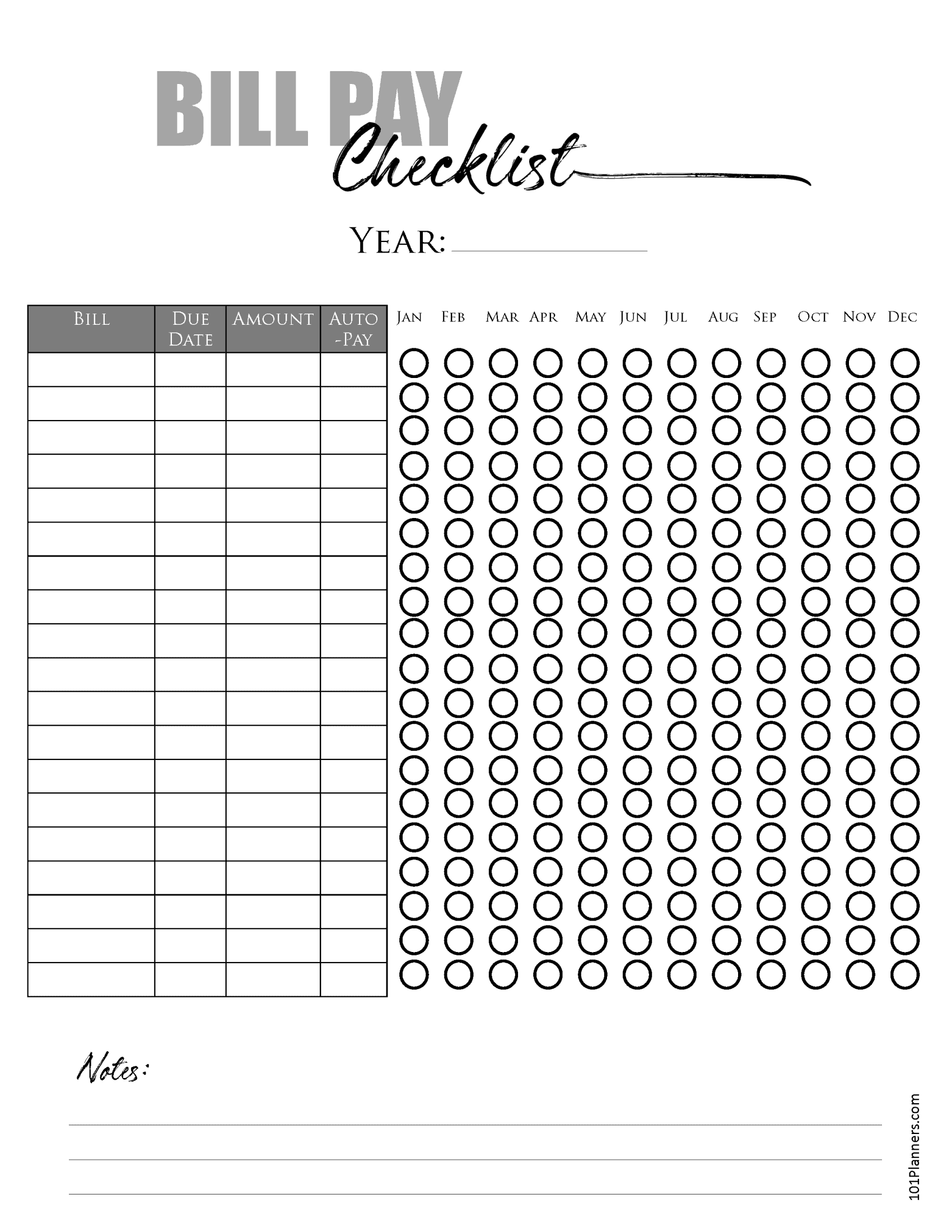 Bill Pay Checklist Template from www.101planners.com