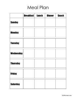 Meal Plan in black and white with breakfast, lunch, dinner and snacks