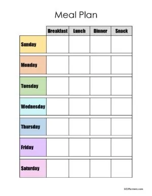 Meal Plan colored titles and space for breakfast, lunch, dinner and snacks