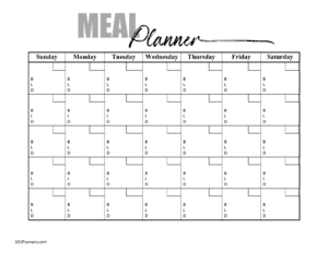 Monthly meal planner with a blank monthly calendar and space to add 3 meals a day with an initial for each meal (B, L, D)