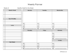 Weekly Planner with menu plan template, water tracker, weekly goals, top 3 priorities, next week
