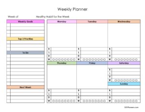 Weekly planner with meal plan, to do list, top priorities, meals, water tracker and things to move to the next week