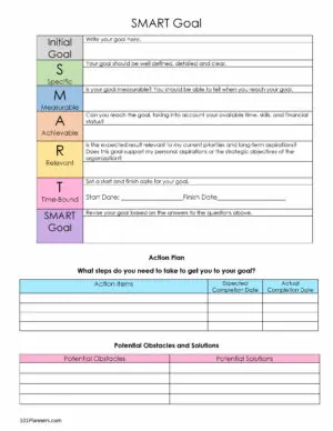 SMART Goals Worksheet in color with an action plan