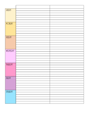 Portrait / vertical blank weekly calendar with 2 columns and colored titles for the days of the week
