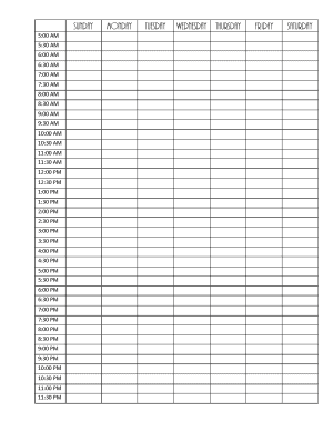 Weekly hourly template with an hourly schedule from 5AM to 11:30PM increasing every 30 minutes