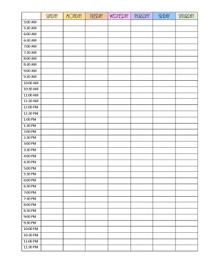 Editable weekly hourly calendar with times from 5AM to 11:30 PM increasing every half hour