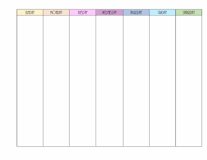 Seven day calendar with 7 columns and colored headings for each day of the week