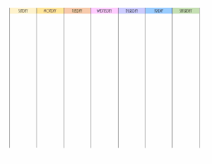 horizontal weekly schedule with 7 columns for each day of the week and colored titles