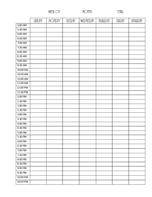 weekly hourly schedule in black and white with a schedule from 5AM to 11:30 for seven days