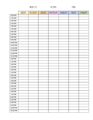 Blank weekly planner with an hourly schedule for each day of the week from Sunday to Saturday and a title: week of, month, year
