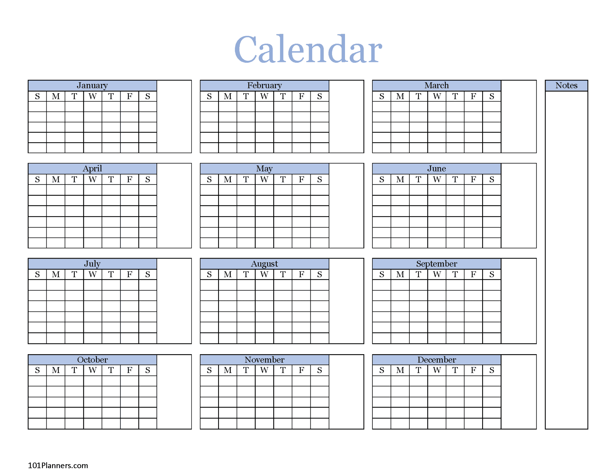 Editable Blank Calendar