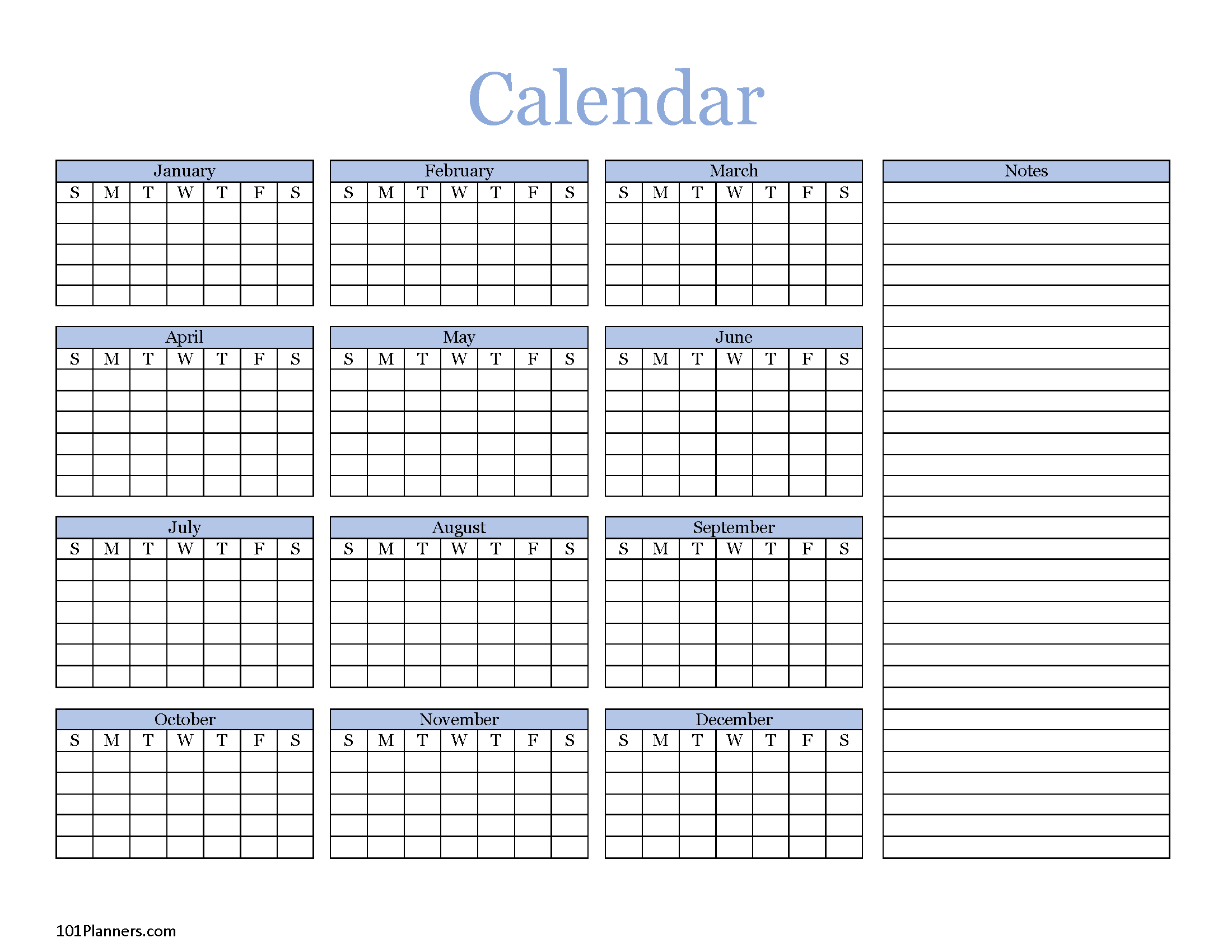 Yearly Blank Calendar Microsoft Word, Editable PDF and Image Files