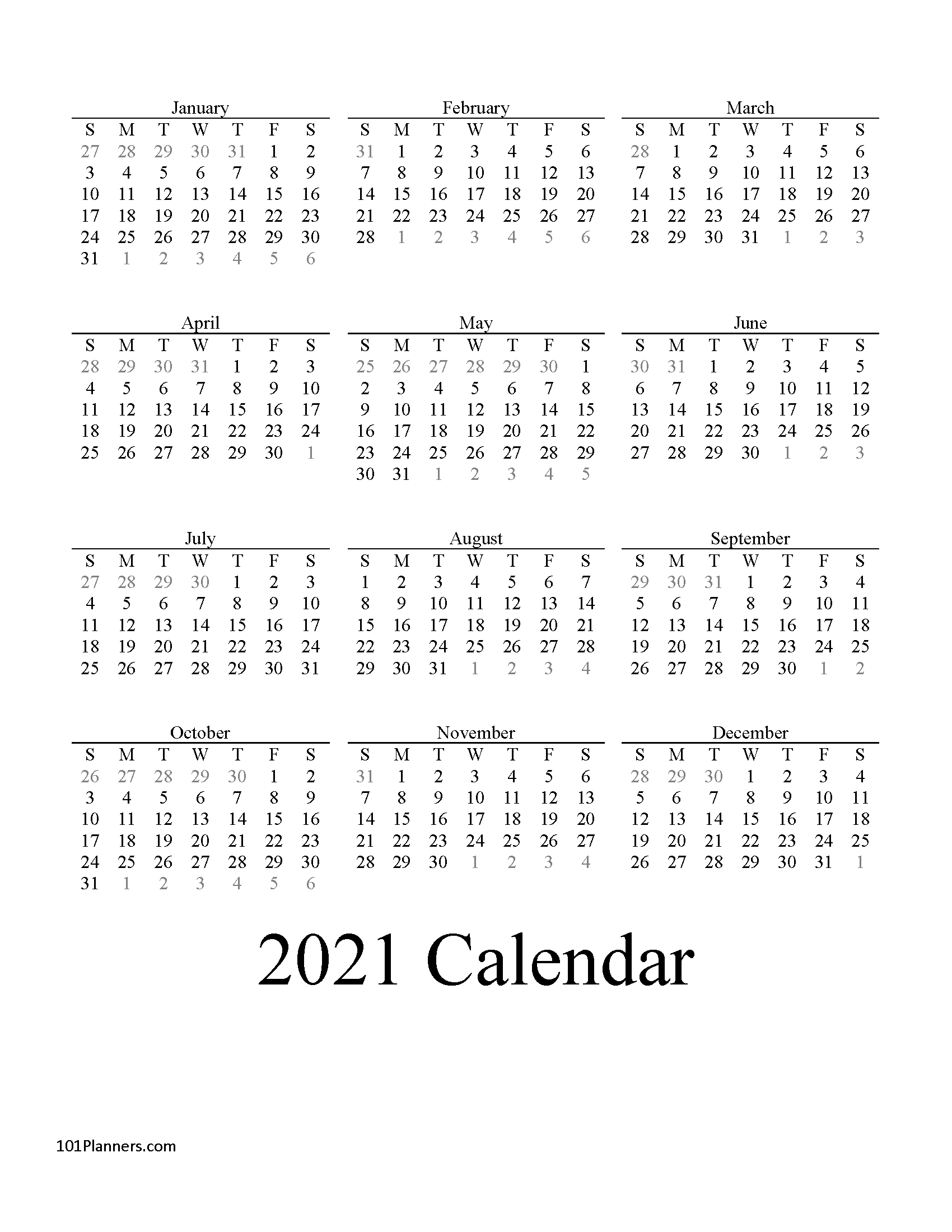 Free printable 2021 yearly calendar at a glance 101 Backgrounds