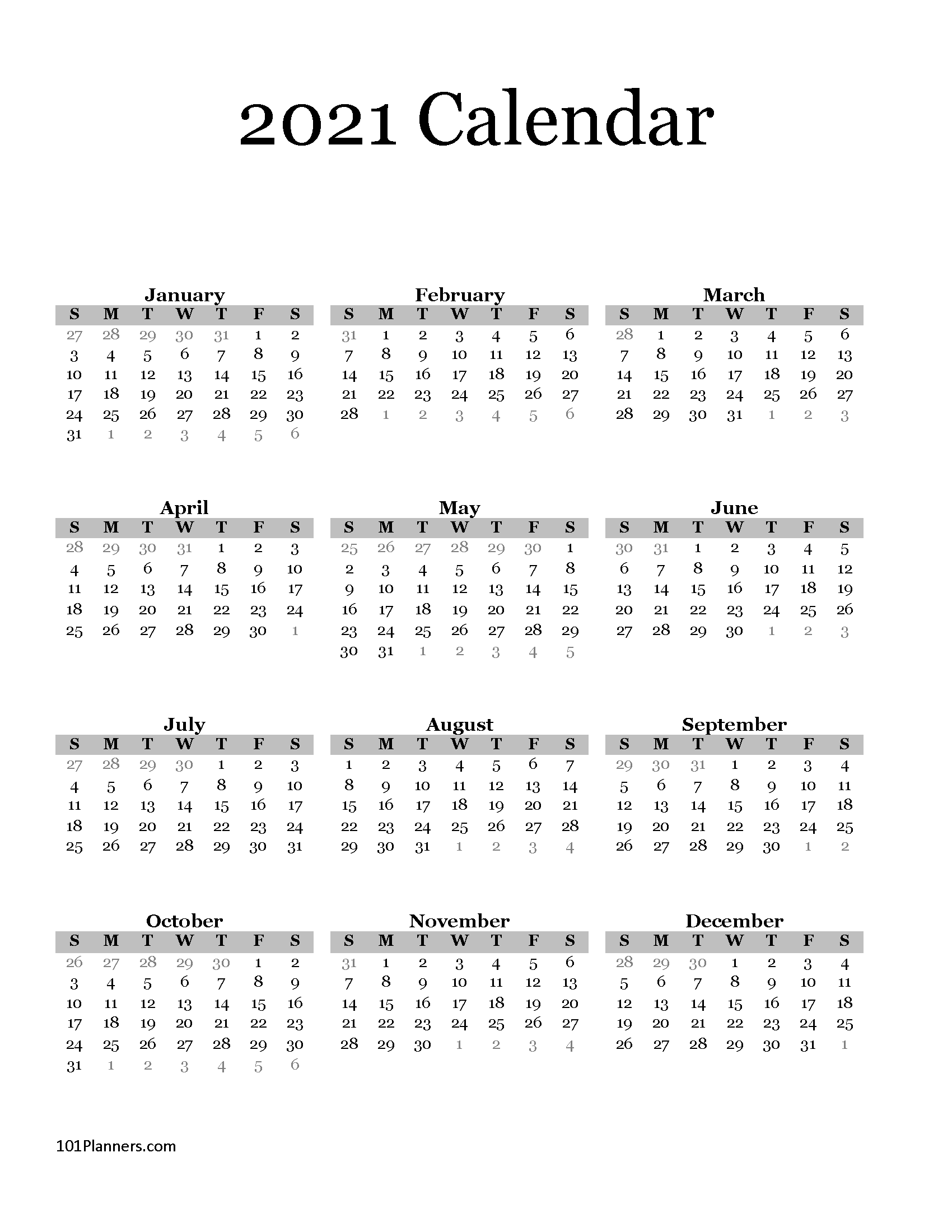 Free printable 2021 yearly calendar at a glance 101 Backgrounds