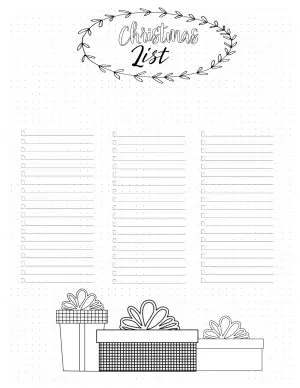 BuJo Xmas list with three gifts on the bottom of the page
