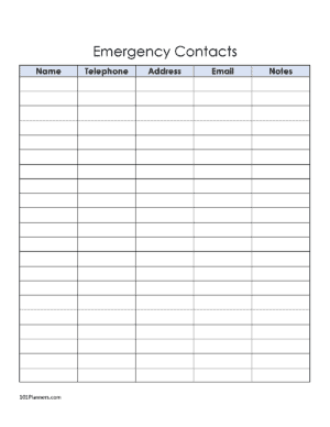 Emergency contact list template