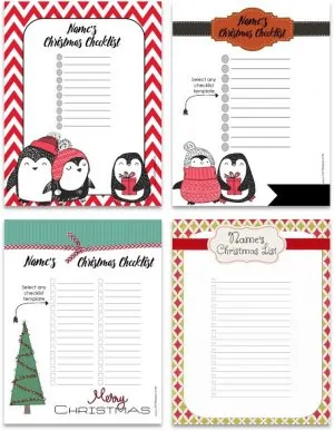 Colored printables showing 4 examples of Christmas lists with cute panda images and a cute Christmas tree