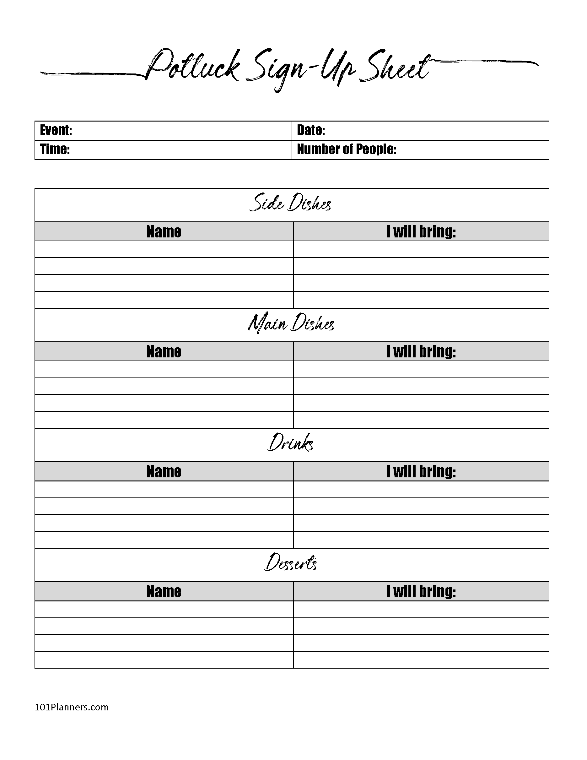 FREE Printable Potluck Sign Up Sheet Editable Instant Download