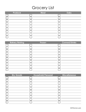 Blank checklist with 9 sections for product, meat, dairy, bakery, frozen, canned, dry goods, household and miscellaneous