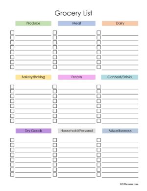 blank grocery list template with a white background and pastel colored titles