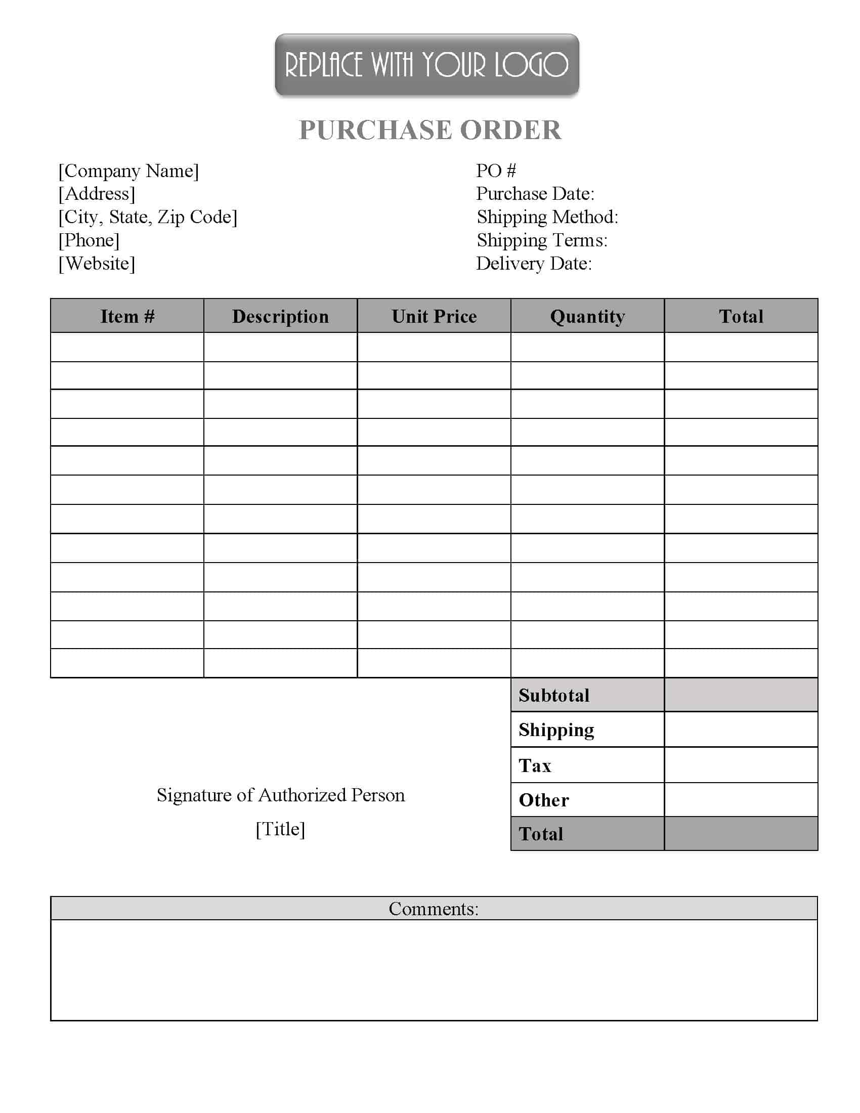 Purchase Order Template Free Download Printable Templates