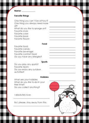 Secret Santa questionnaire with a black and white border and a cute penguin