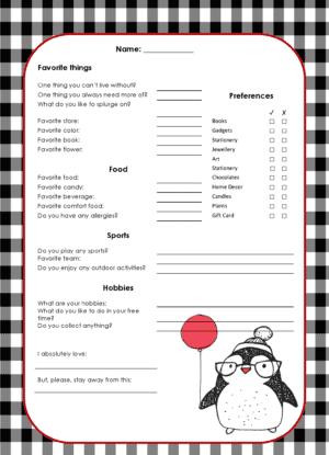 Secret Santa questionnaire with a black and white border and a list of preferences