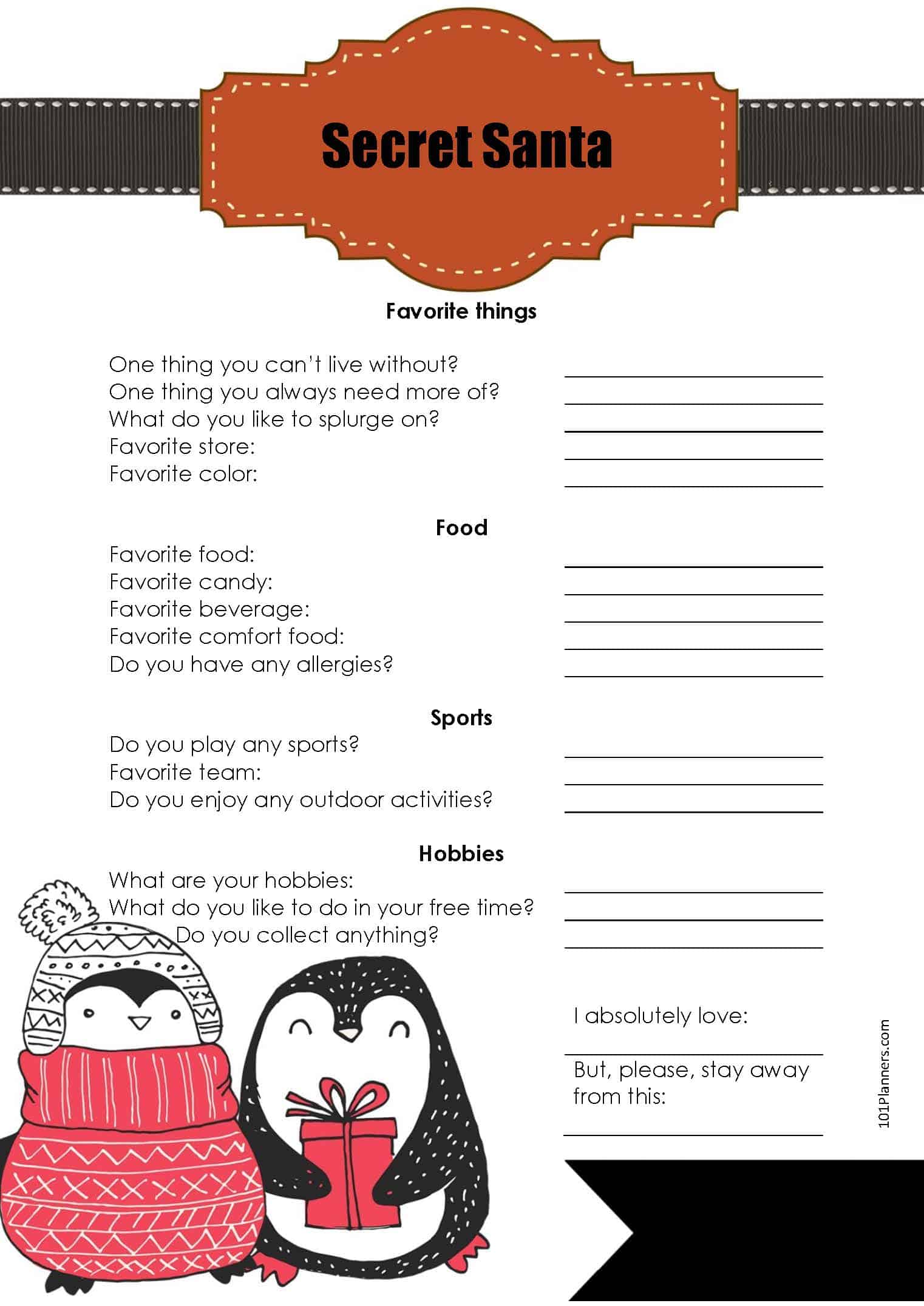 Secret Santa Questionnaire Printable Customize and Print