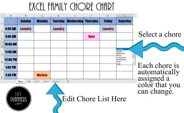 Excel family chore chart