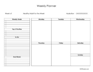 Weekly Planner Template with weekly goals, priorities, to do list and things to move to the next week in black and white