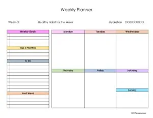 Weekly Planner Printable with weekly goals, priorities, to do list and things to move to the next week with colored titles
