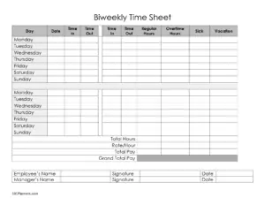 Biweekly timesheet with 1 break
