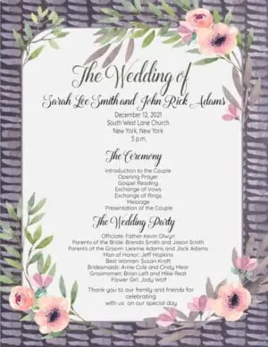 Wedding list of events