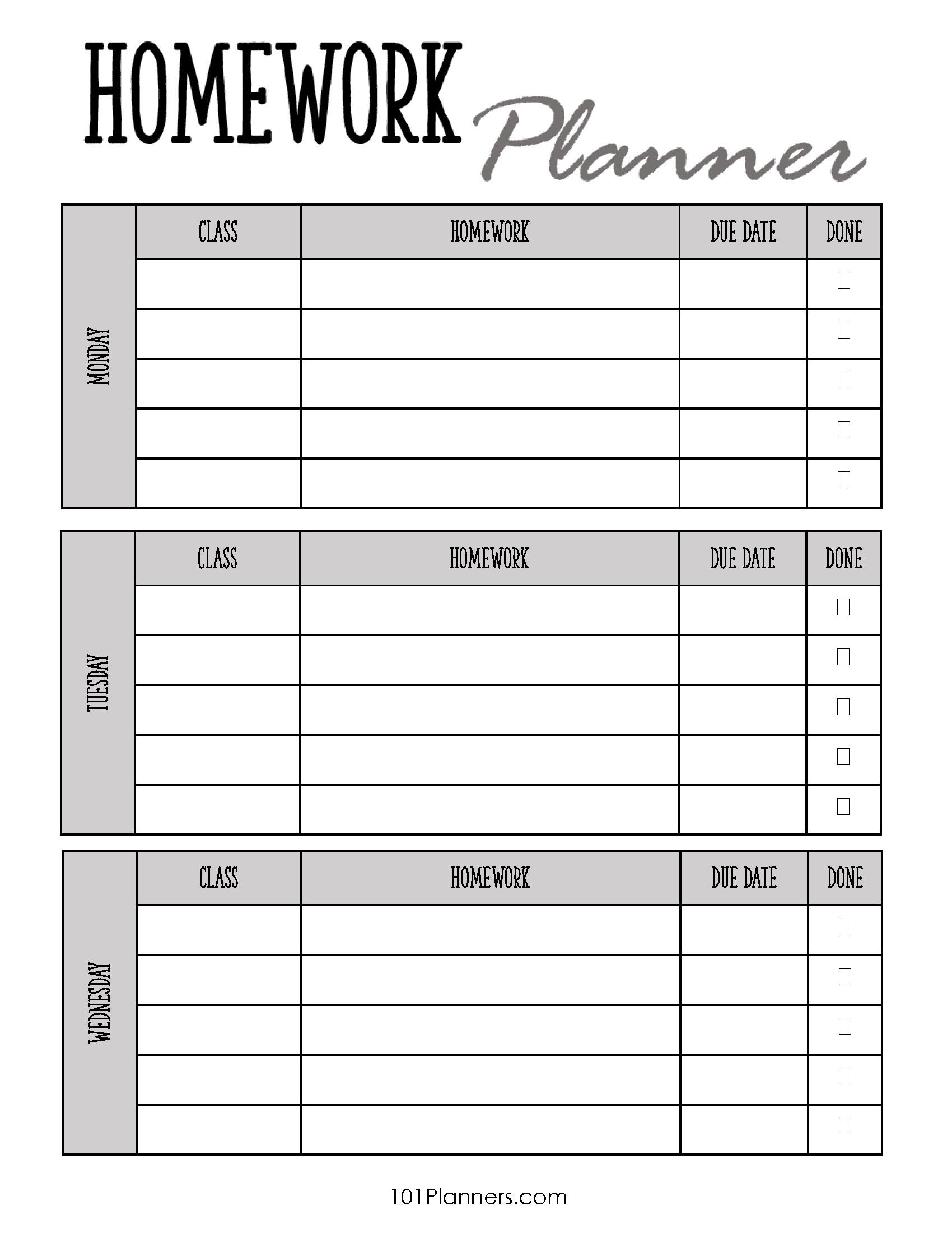 college homework planner printable