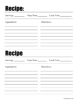 There are two recipe cards per page. Fields: title, servings, prep time, cook time, ingredients and directions.