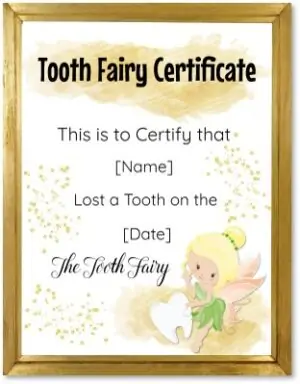 free tooth fairy certificate with a gold frame and gold glitter