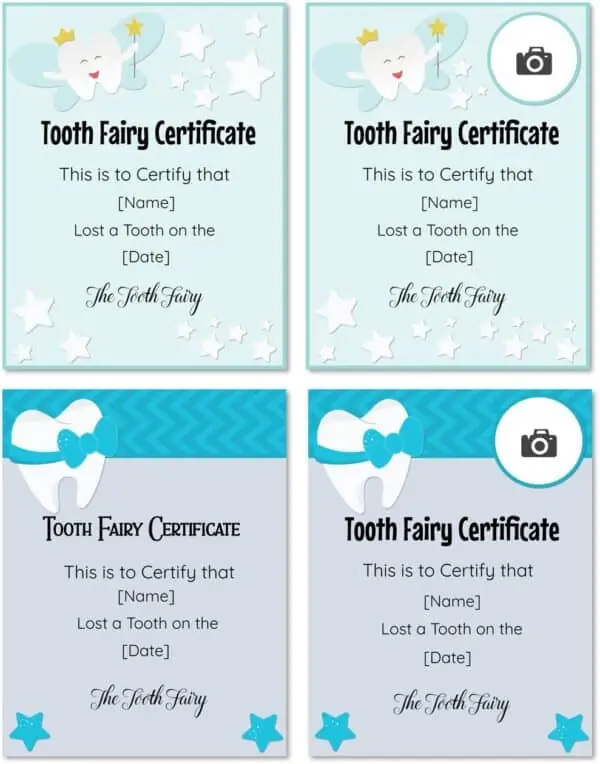 tooth fairy certificate with a blue border for boys