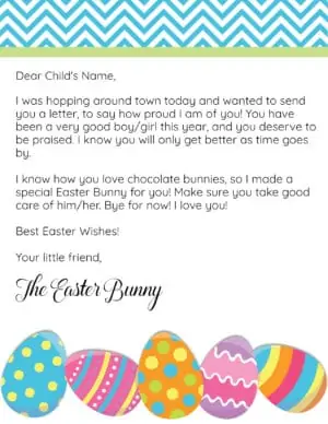 Easter bunny letter with a blue chevron border on the top of the page and a row of eggs on the bottom of the page