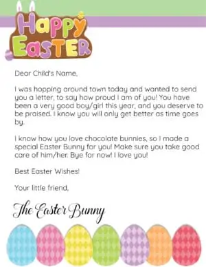 Easter bunny letter template that reads "Happy Easter" in the top left corner with 7 eggs on the bottom of the page each in a different color