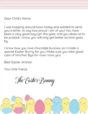 Free printable Easter bunny letter with a row of cute chickens and eggs