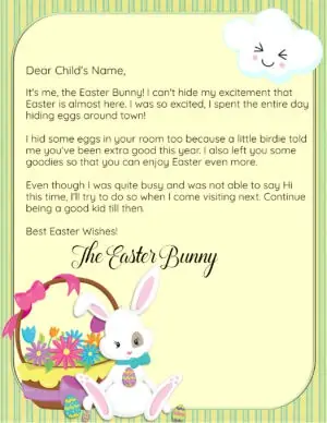 Free Easter bunny letter with a green and yellow striped backgruond and a cute bunny with a basket of flowers