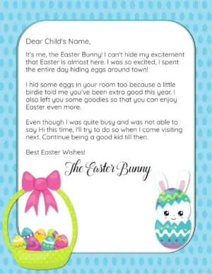 Free Easter bunny letter with a basket of eggs and a blue background