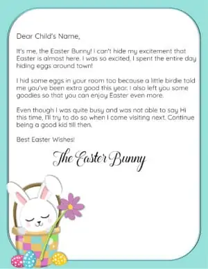 Free Easter letter with a cute bunny rabbit in a basket holding a flower with three little eggs next to the basket