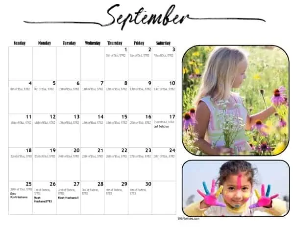 photo calendar with Jewish holidays