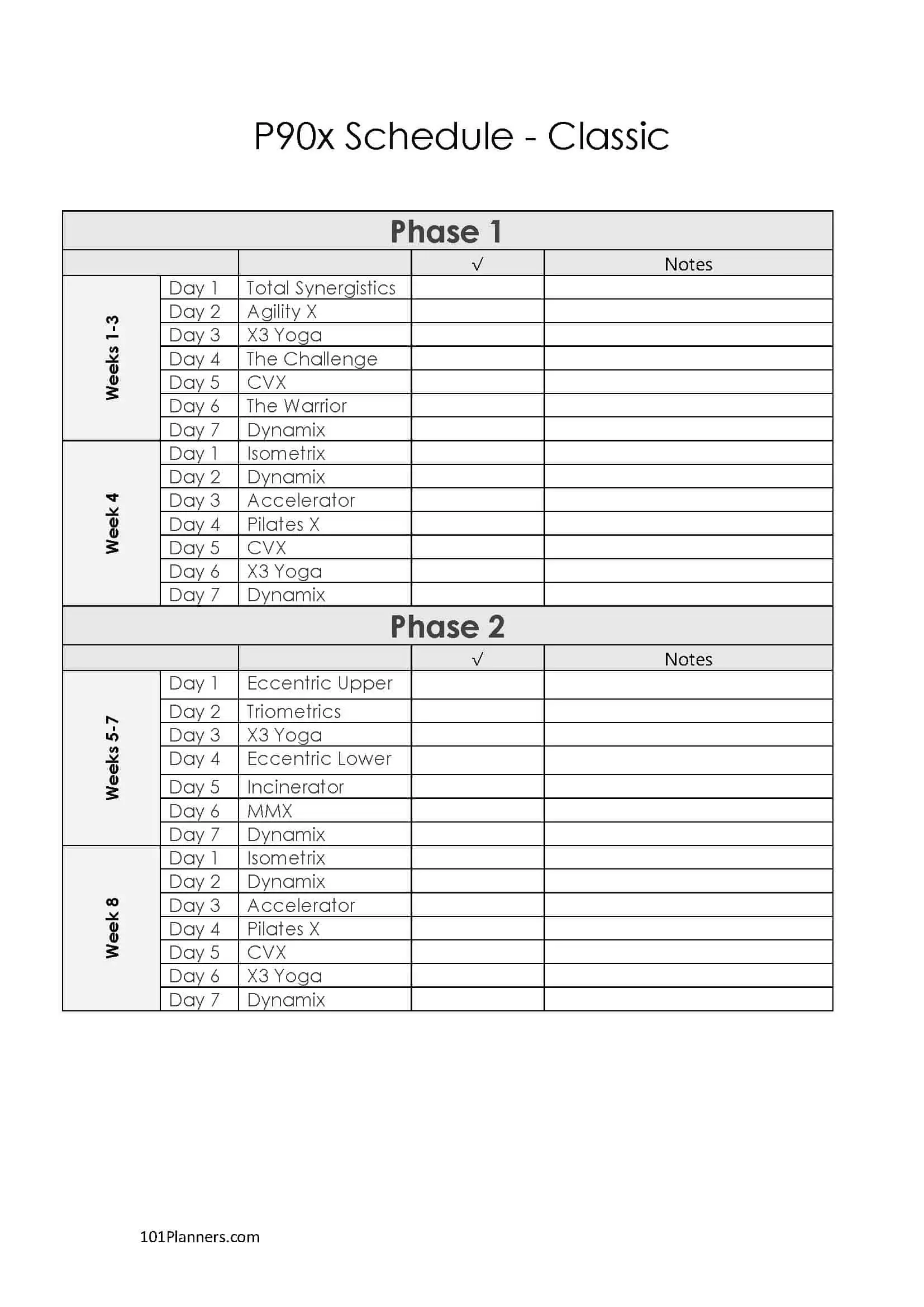 Printable P90x Schedule For The Classic