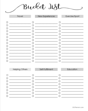 Blank list with 6 sections: travel, new experiences, exercise, helping others, self-fullfillment and education
