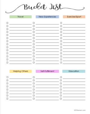 Blank list with 6 sections with colored titles: travel, new experiences, exercise, helping others, self-fullfillment and education