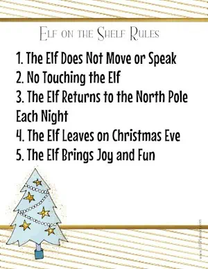 Gold stripes wtih a cute blue tree and the rules for the Elf on Shelf