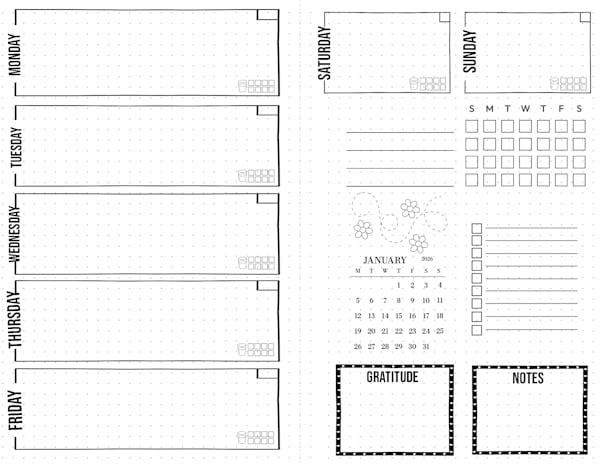 Double weekly bullet journal spread with a calendar