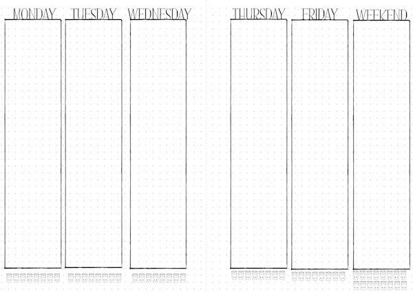 Double weekly spread with vertical boxes for each day of the week